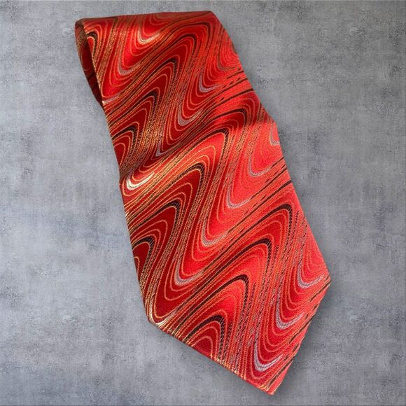 Vintage Pavone Italian Silk Tie Red Gold Marbled Abstract Pattern Made in Italy - Picture 2 of 10